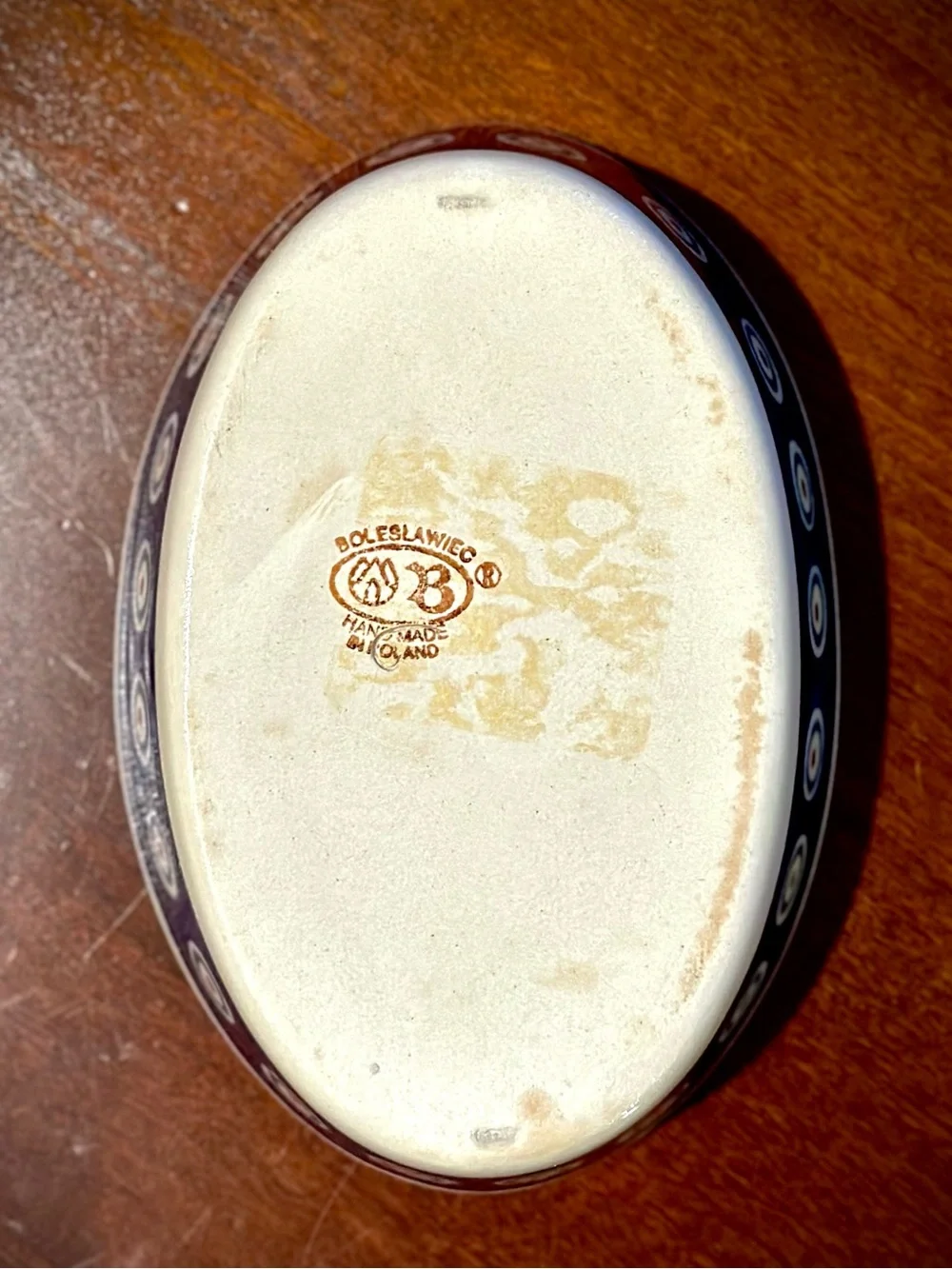 Bolesławiec 6” Oval Baker, Hand-Painted Peacock Feather Made in Poland